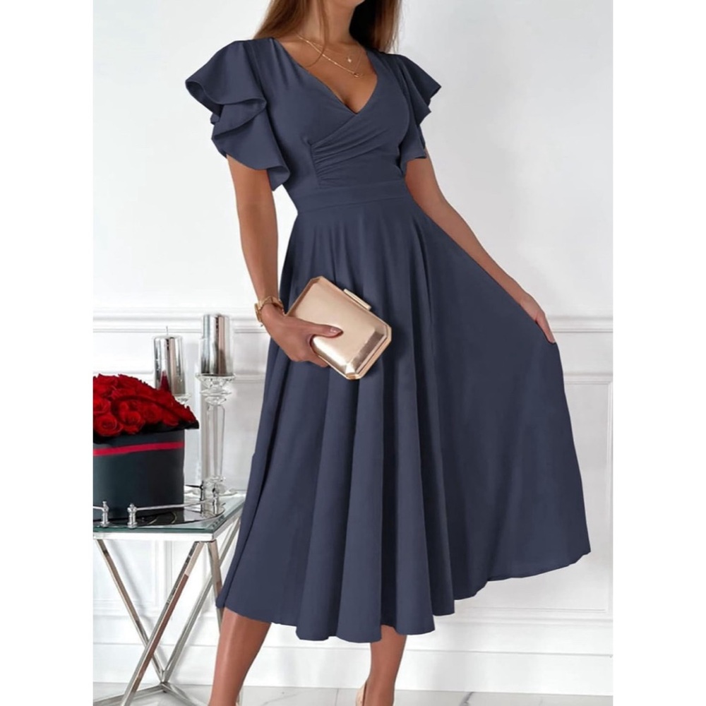 🍓$5 Pick!🍓 Elegant Flutter Sleeve V-Neck Midi Dress - Picture 5 of 9